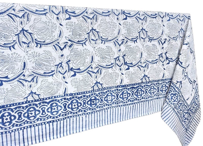ATOSII Santorini 100% Cotton Fall Tablecloth, Handblock Print Blue Square Table Cloth for Kitchen I Dining Table Linen I Parties Wedding Christmas Thanksgiving I Fall Decor 60 X 60 Inches - Image 2